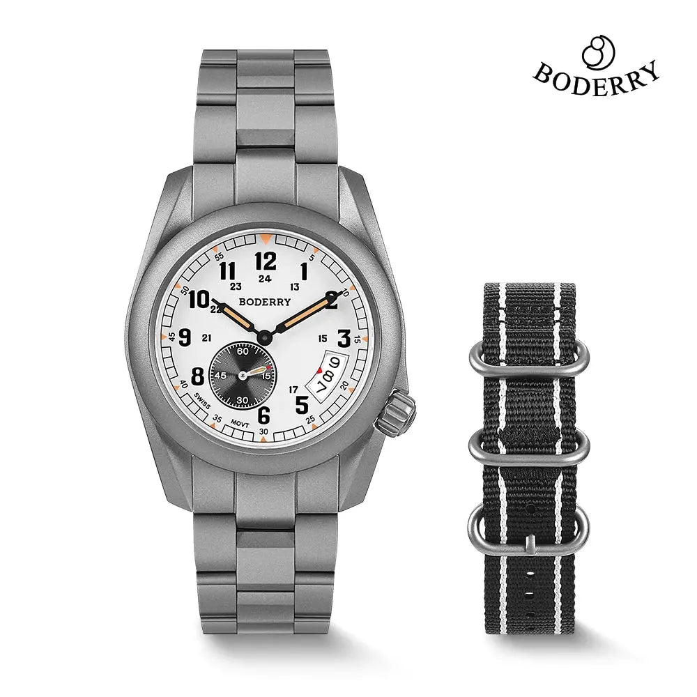 Boderry titanium adventure watch with white dial and extra black nylon strap by Alcom Distribution