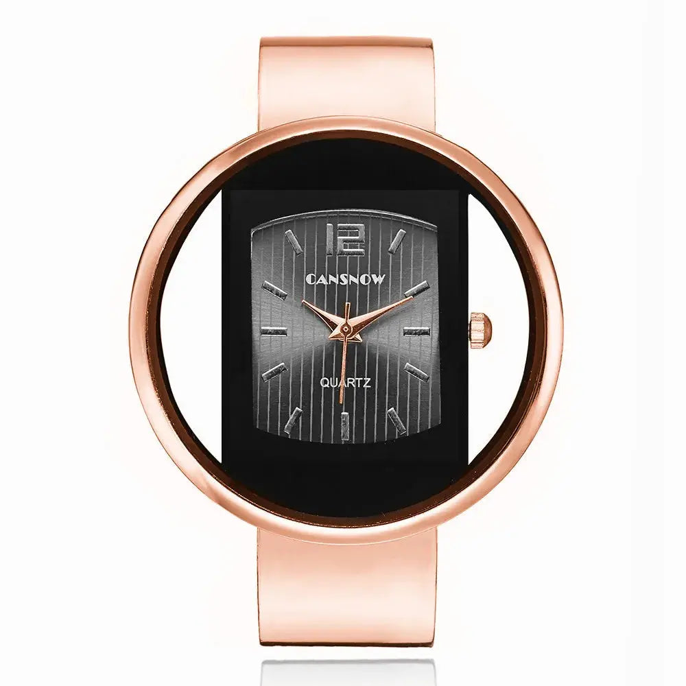 Alcom Distribution women's elegant quartz watch with rose gold band and black rectangular dial