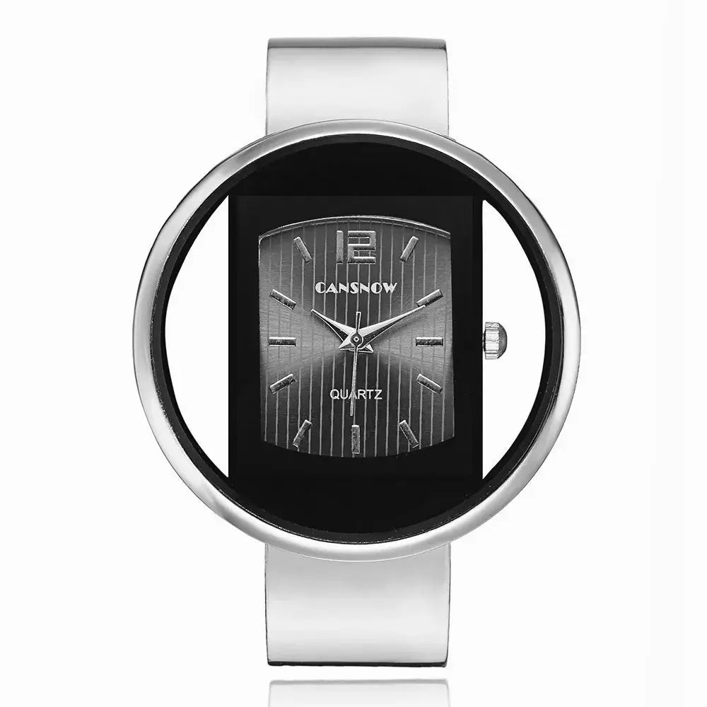 Alcom Distribution women's elegant quartz watch with silver band and black rectangular dial