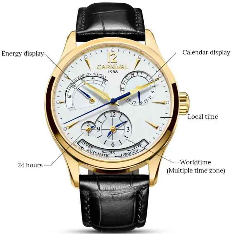 Gold case white dial black leather strap CARNIVAL men's automatic watch with power reserve calendar and world time subdials