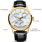 Gold case white dial black leather strap CARNIVAL men's automatic watch with power reserve calendar and world time subdials