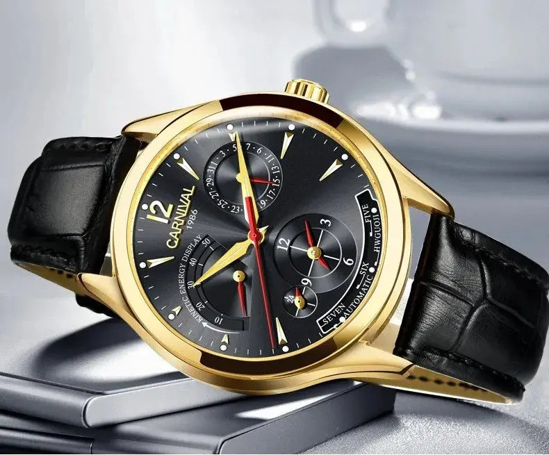 CARNIVAL men's automatic watch gold case black dial with subdials red hands and black leather strap