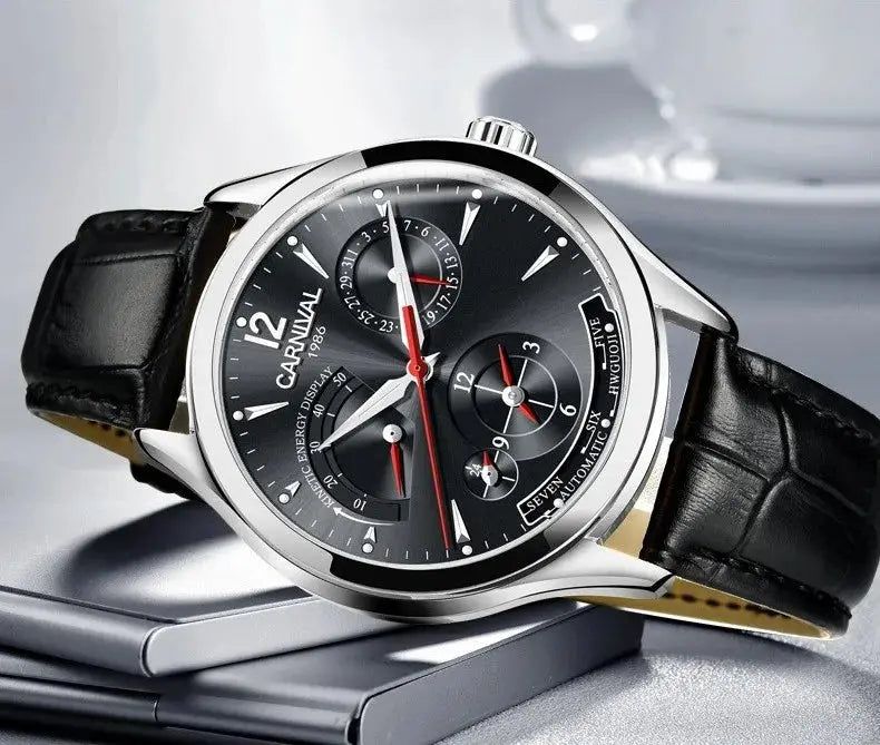 Alcom Distribution CARNIVAL men's automatic watch black dial silver case three subdials red hands leather strap
