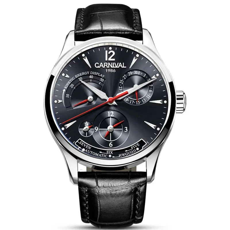 CARNIVAL men's automatic watch stainless steel case black sunburst dial red seconds hand black leather strap
