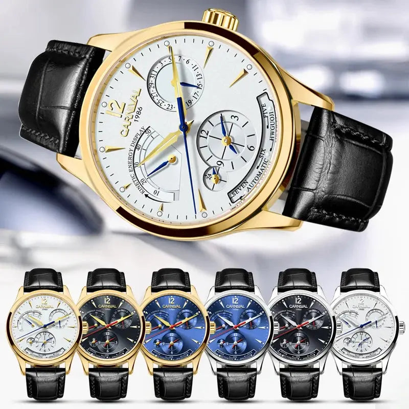 Alcom Distribution CARNIVAL men's automatic watch gold case white dial with multiple subdials black leather strap