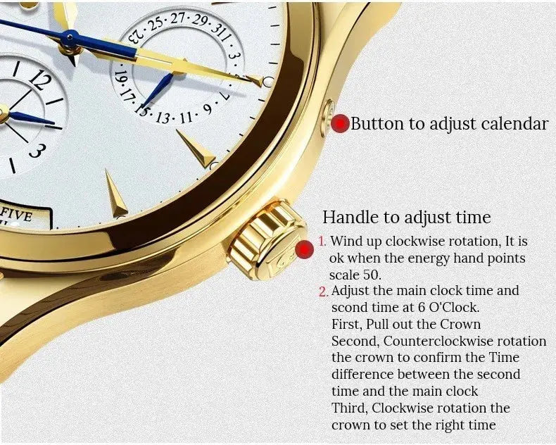 Close up of gold CARNIVAL men's automatic watch crown and white dial with calendar subdials and blue hands