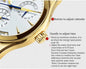 Close up of gold CARNIVAL men's automatic watch crown and white dial with calendar subdials and blue hands