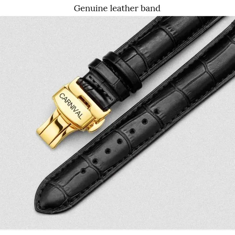 Black genuine leather watch band with gold CARNIVAL clasp for CARNIVAL men's automatic watch by Alcom Distribution