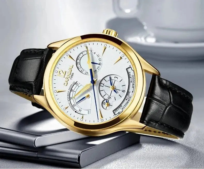 CARNIVAL men's automatic watch gold case white dial blue hands multifunction subdials black leather strap