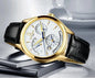 CARNIVAL men's automatic watch gold case white dial blue hands multifunction subdials black leather strap