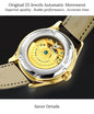 Alcom Distribution CARNIVAL men's automatic watch gold exhibition caseback showing 25 jewel movement and beige leather strap