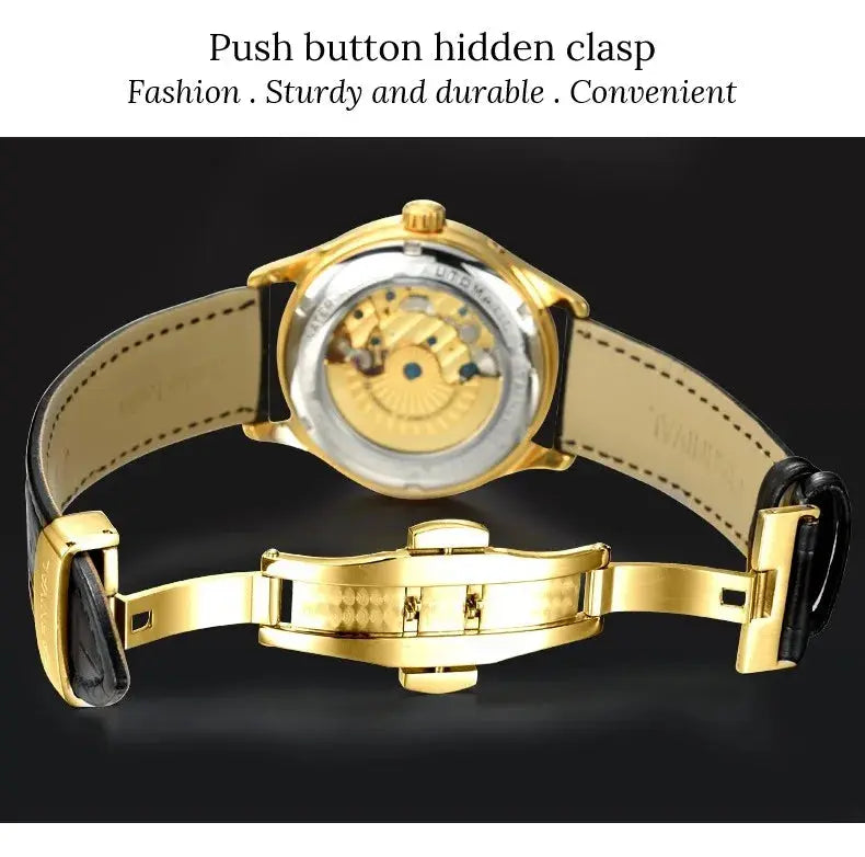 CARNIVAL men's automatic watch gold exhibition caseback showing movement with push button hidden clasp and black leather strap