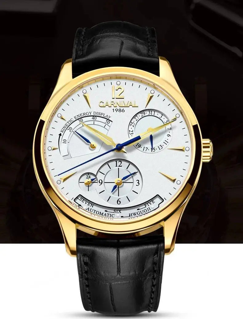CARNIVAL men's automatic watch gold case white dial with blue hands subdials and black leather strap from Alcom Distribution