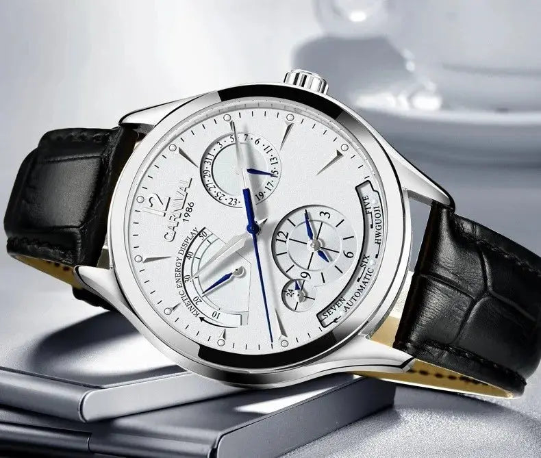 CARNIVAL men's automatic watch Alcom Distribution silver case white dial blue hands black leather strap