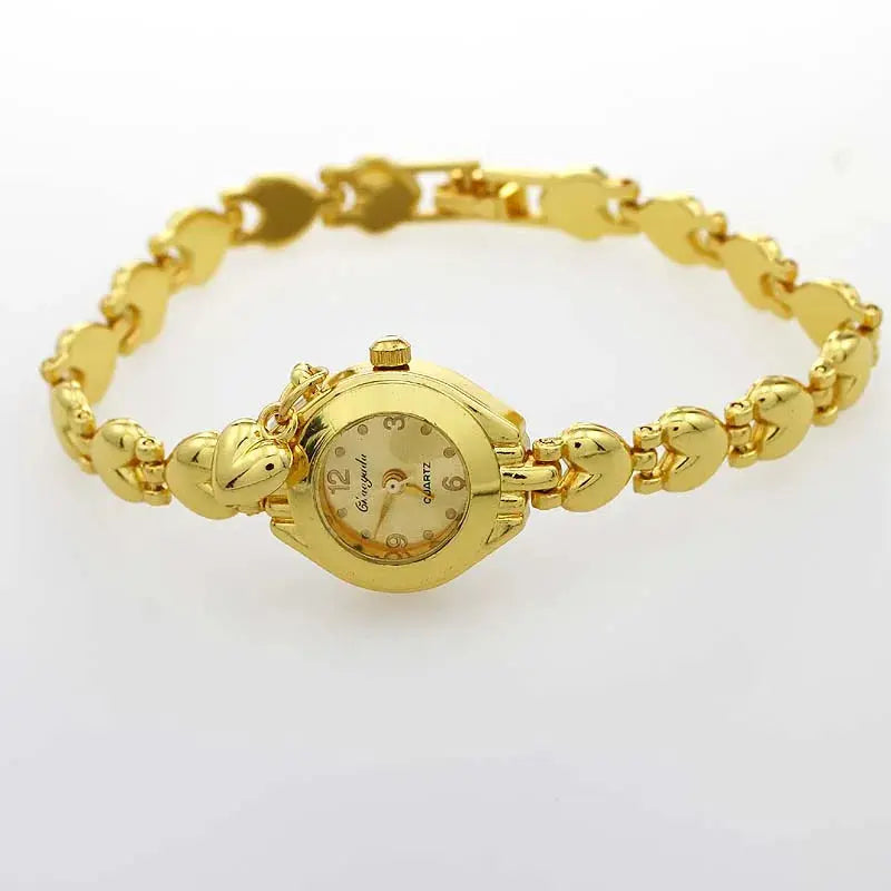 Alcom Distribution gold bracelet watch for women with heart-shaped links and round dial