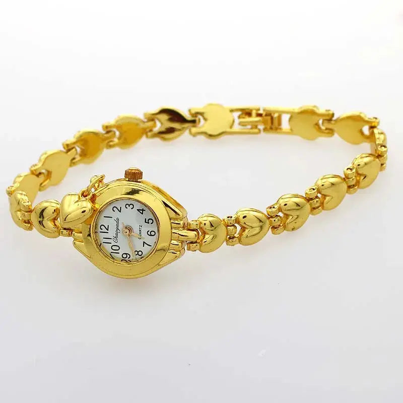 Gold bracelet watch for women by Alcom Distribution with heart-shaped links and white dial