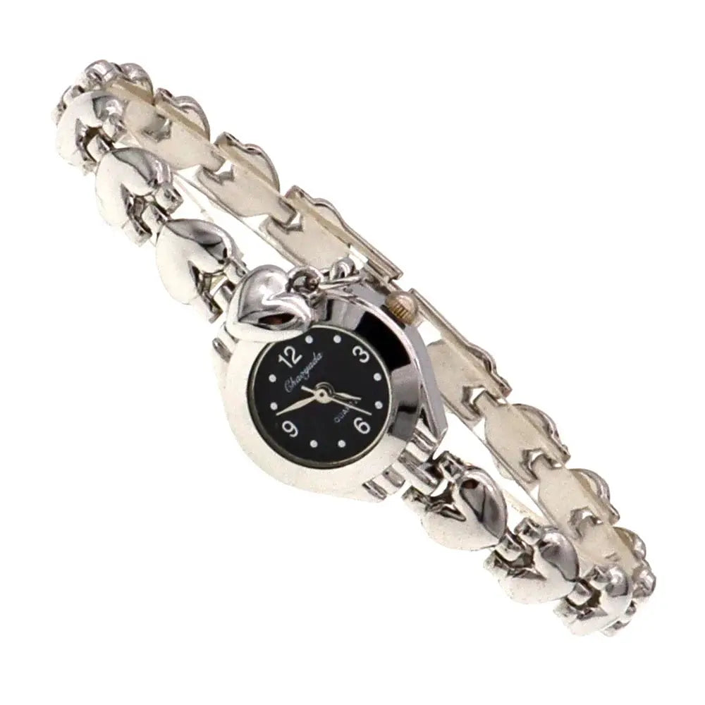 Silver heart linked bracelet watch for women by Alcom Distribution with black dial and round face