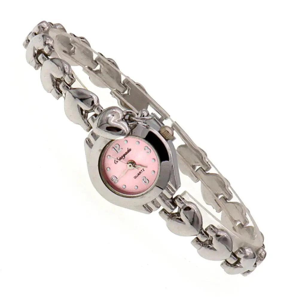 Alcom Distribution silver gold bracelet watch for women with pink dial and heart-shaped links