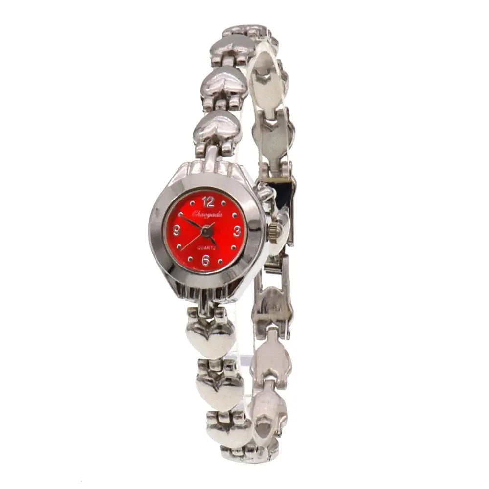 Silver heart link bracelet watch with red dial by Alcom Distribution gold bracelet watch for women