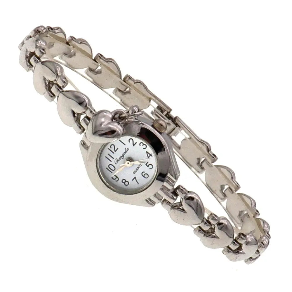 Silver heart design gold bracelet watch for women by Alcom Distribution with round white dial