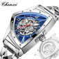 Chenxi men's triangle case wristwatch with silver stainless steel band and blue skeleton dial