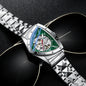 Alcom Distribution men's triangle case wristwatch with silver metal band and skeleton dial design