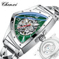 Chenxi men's triangle case wristwatch with silver metal band and visible mechanical movement