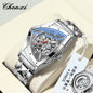Men's triangle case wristwatch by Alcom Distribution with silver metal band and skeleton dial