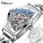 Men's triangle case wristwatch with silver metal band and visible automatic mechanical movement