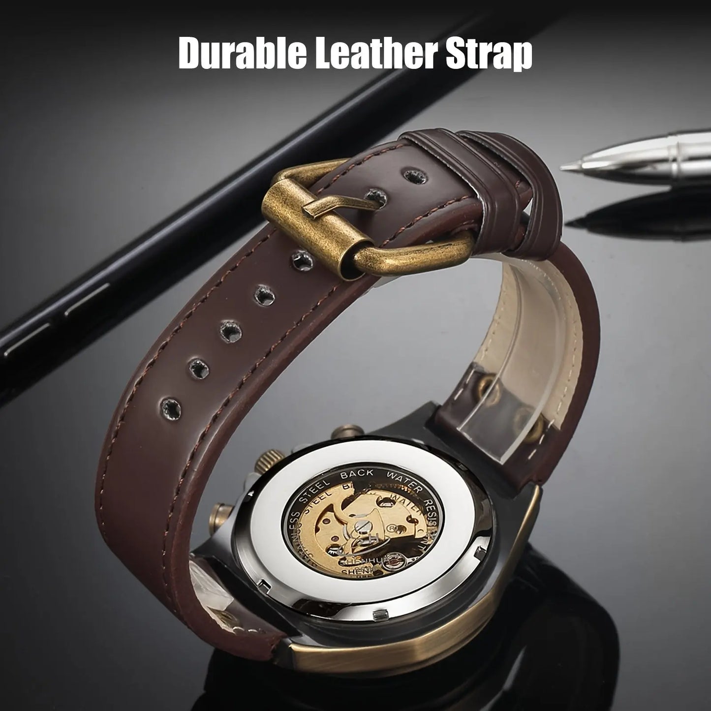 Classic style automatic watch with durable brown leather strap and visible automatic movement back