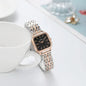 Alcom Distribution square quartz watch for women with black dial and two-tone metal bracelet