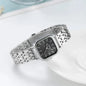 Alcom Distribution square quartz watch for women with silver metal band and black face