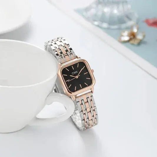 Square quartz watch for women with black face and two-tone metal bracelet by Alcom Distribution