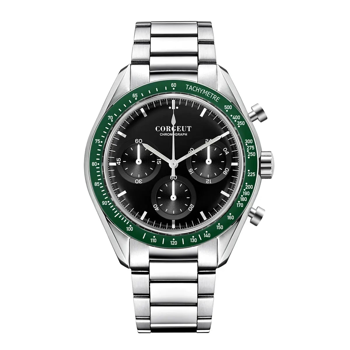 Corgeut black dial stainless steel watch with green tachymeter bezel and three sub-dials