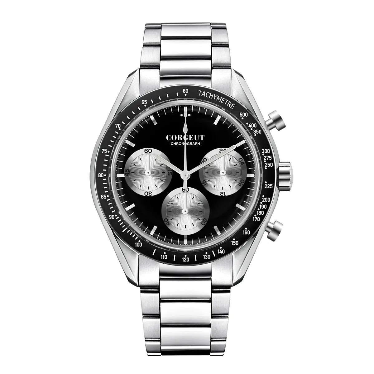 Corgeut black dial stainless steel watch with chronograph functions and tachymetric scale