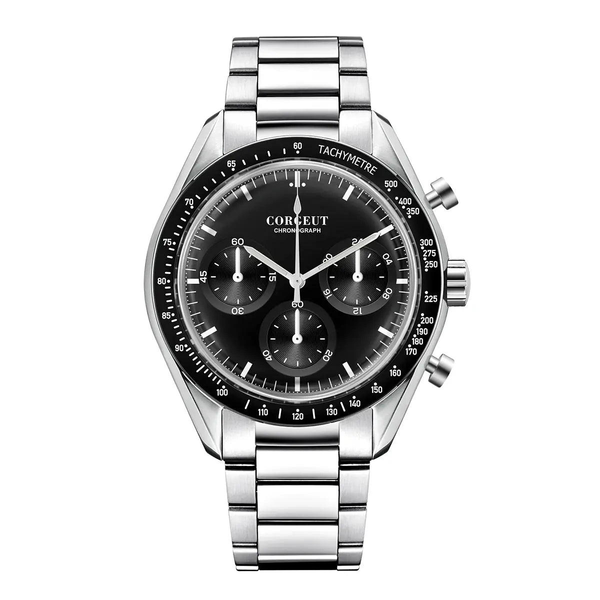 Corgeut black dial stainless steel watch featuring a sleek design and tachymeter scale