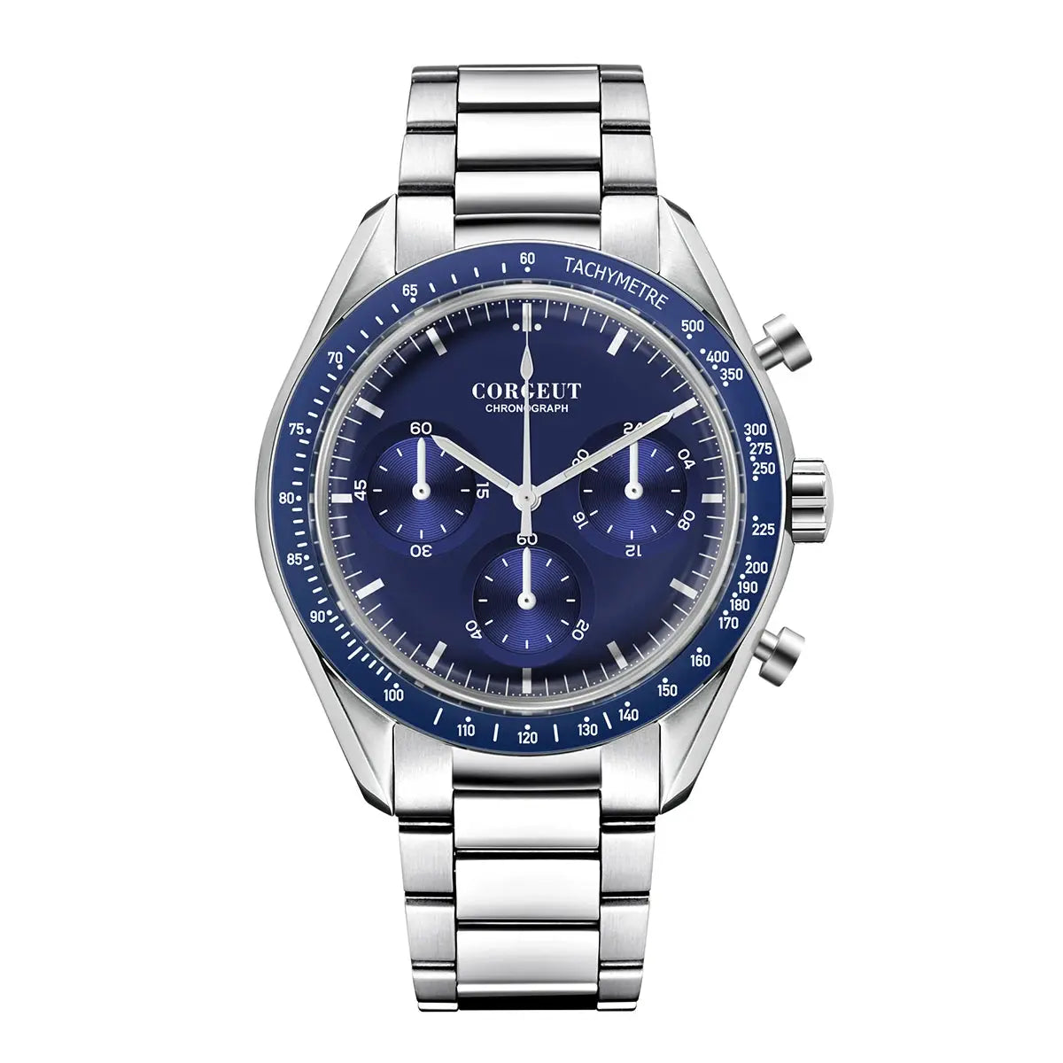Corgeut black dial stainless steel watch featuring a sleek design and chronograph functionality