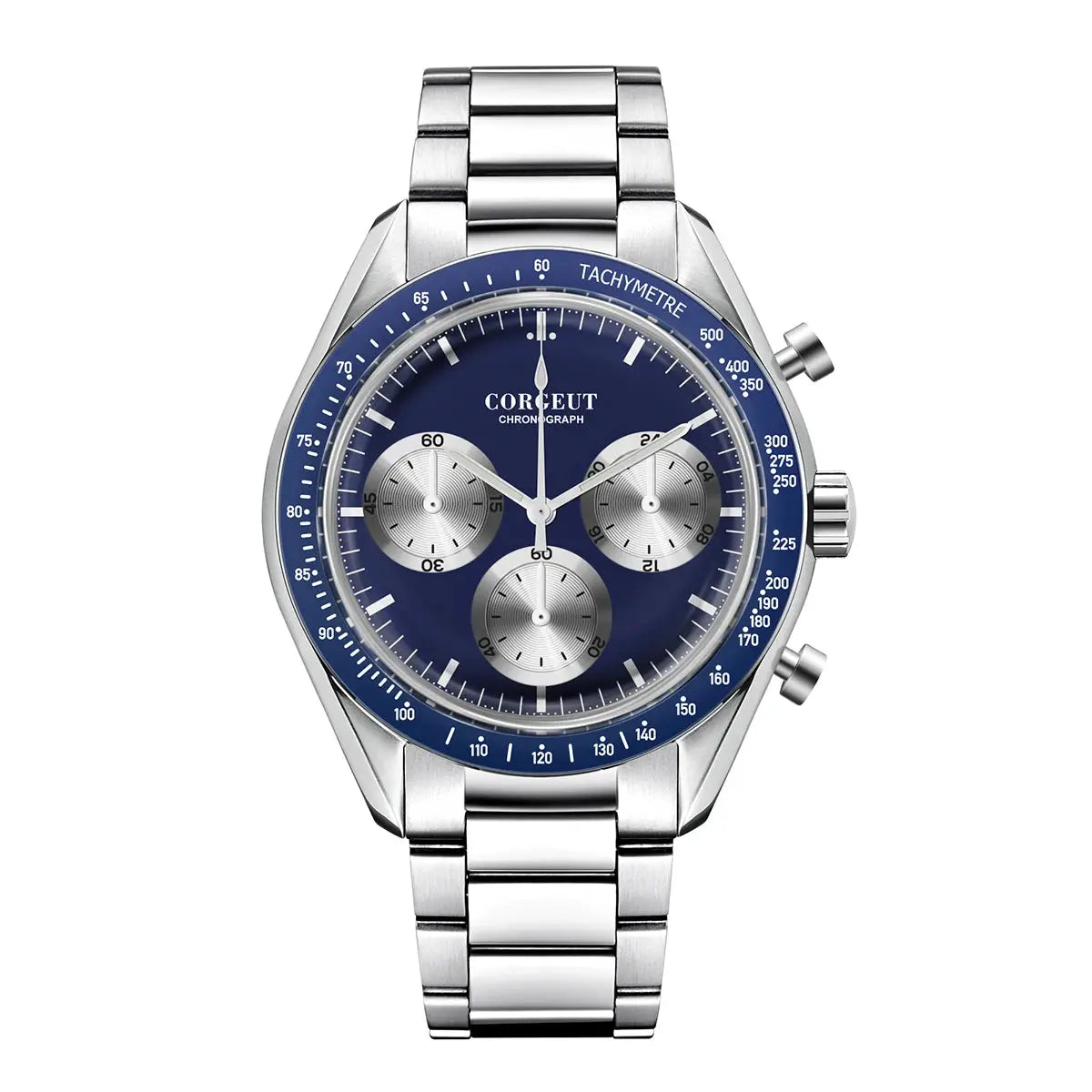 Corgeut black dial stainless steel watch with three subdials and tachymeter for precise timing