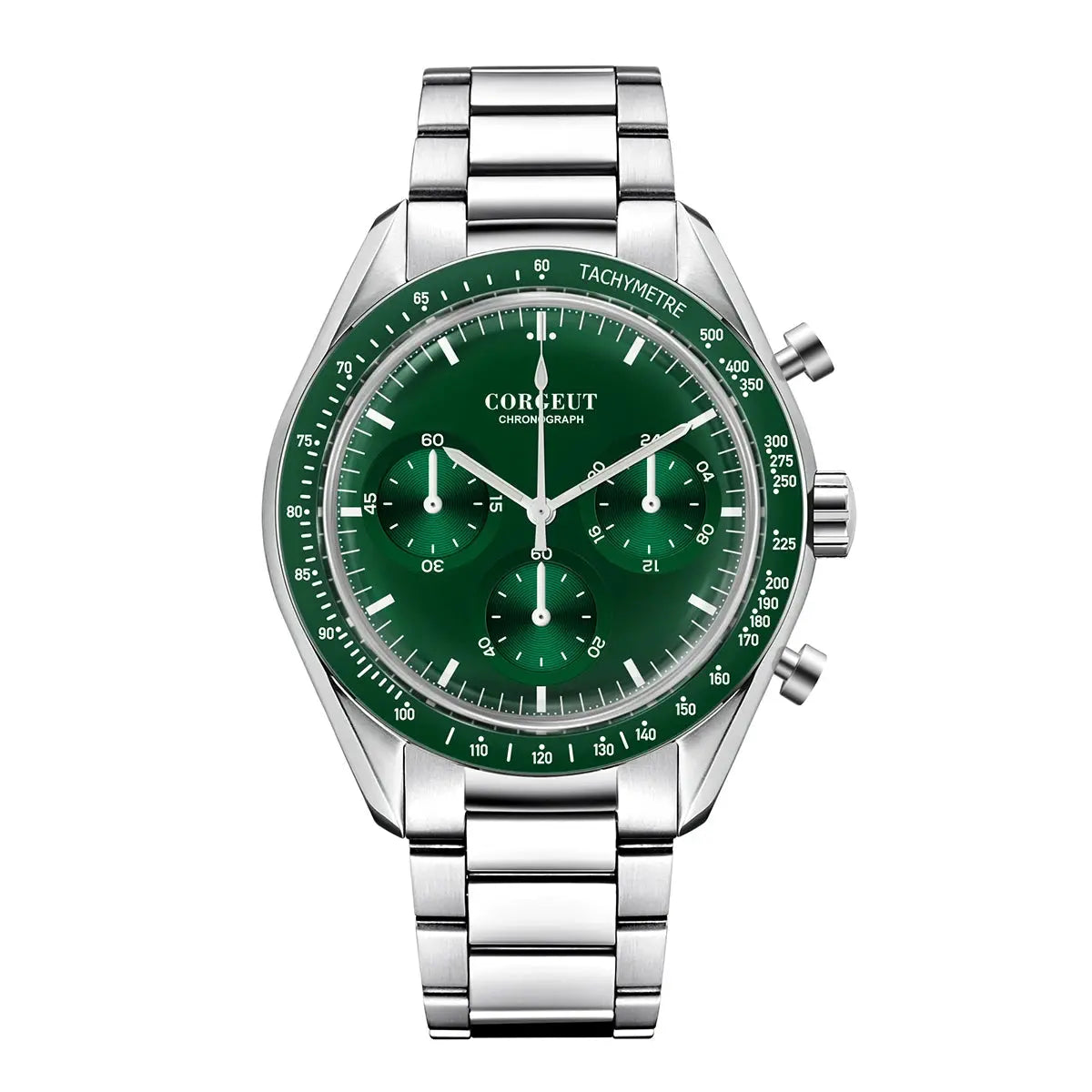 Corgeut black dial stainless steel watch with chronograph function and stylish green accents