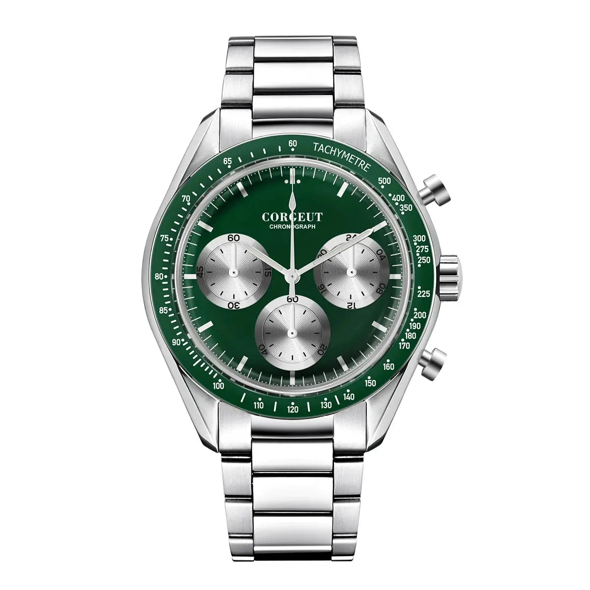Corgeut black dial stainless steel watch with a green chronograph face and silver-tone band