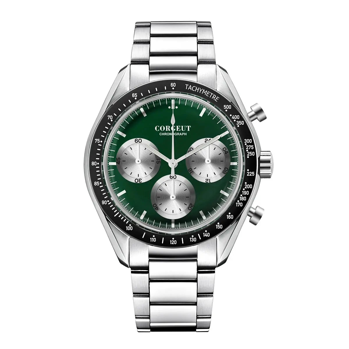 Corgeut black dial stainless steel watch with green face and chronograph features