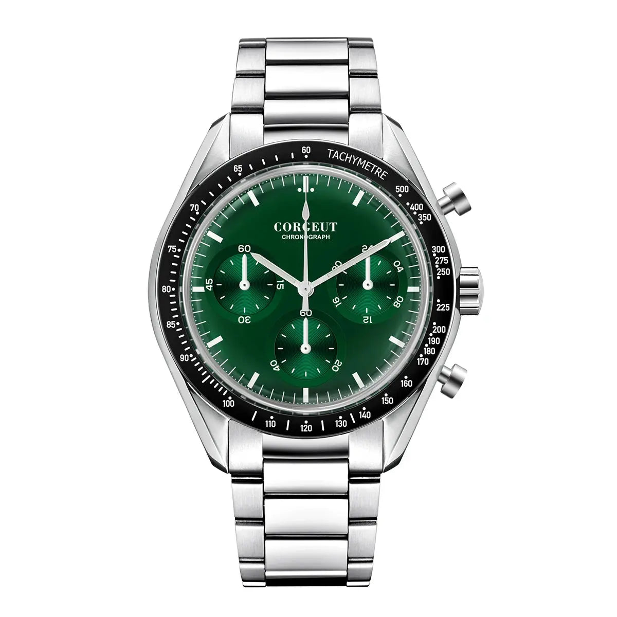 Corgeut black dial stainless steel watch with green chronograph features and tachymeter bezel