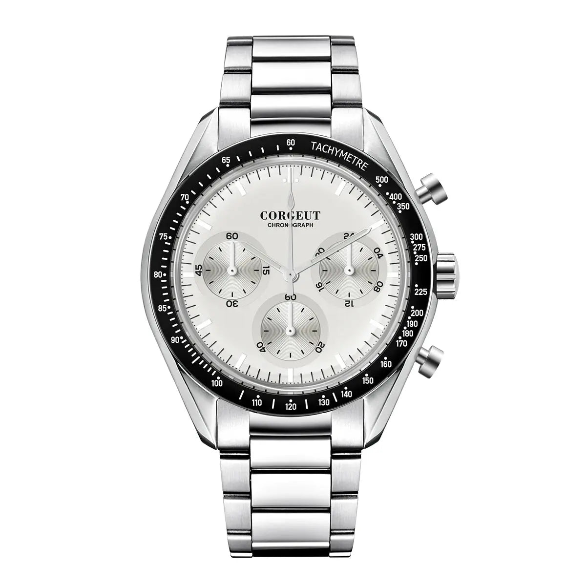 Corgeut black dial stainless steel watch featuring chronograph functions and a classic design