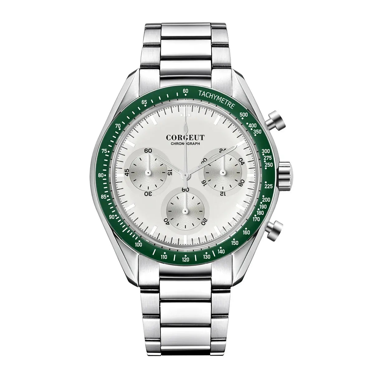 Corgeut black dial stainless steel watch featuring a green bezel and chronograph function