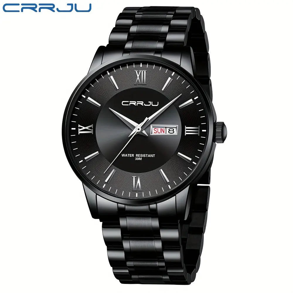 CRRJU men's classic quartz watch with black stainless steel band and date display