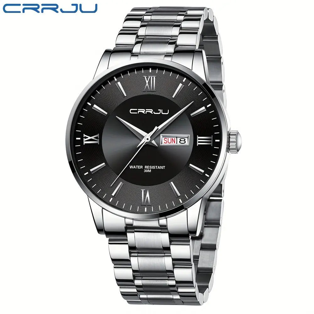 CRRJU men's classic quartz watch with black dial and silver metal band by Alcom Distribution