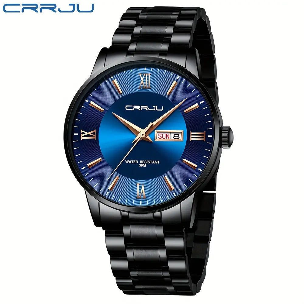 Men's classic quartz watch by Alcom Distribution with black metal band and blue dial