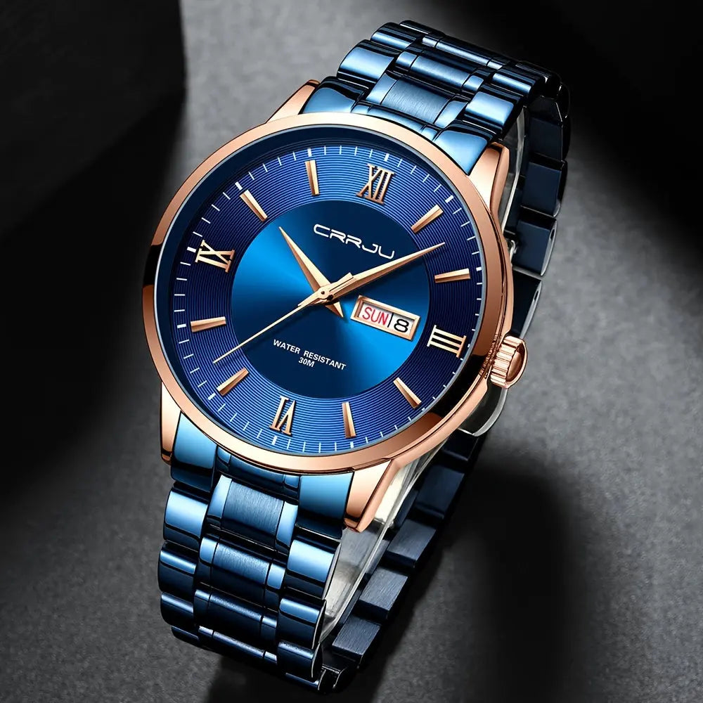 Alcom Distribution men's classic quartz watch with blue dial and metal bracelet
