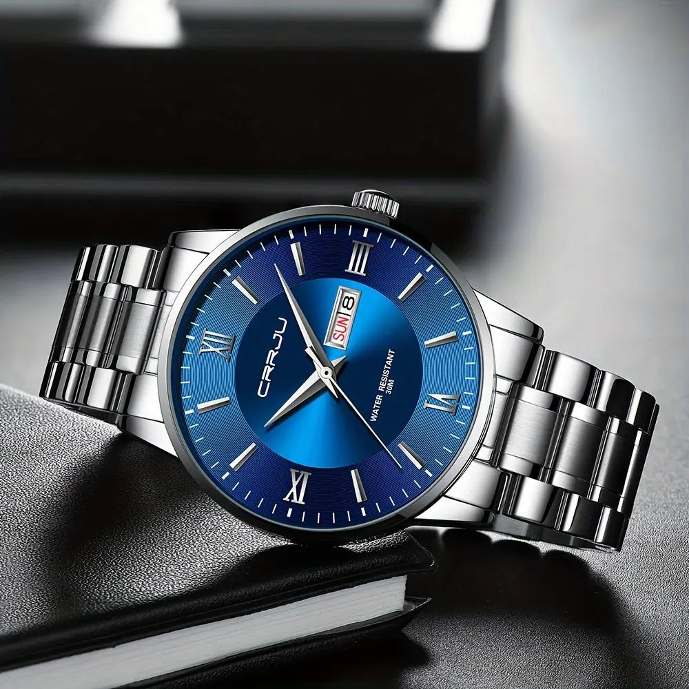 Alcom Distribution men's classic quartz watch with blue dial and silver stainless steel band
