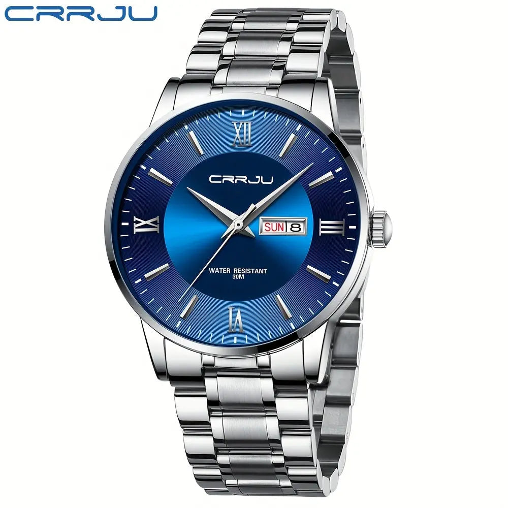 CRRJU men's classic quartz watch with blue dial and stainless steel band water resistant